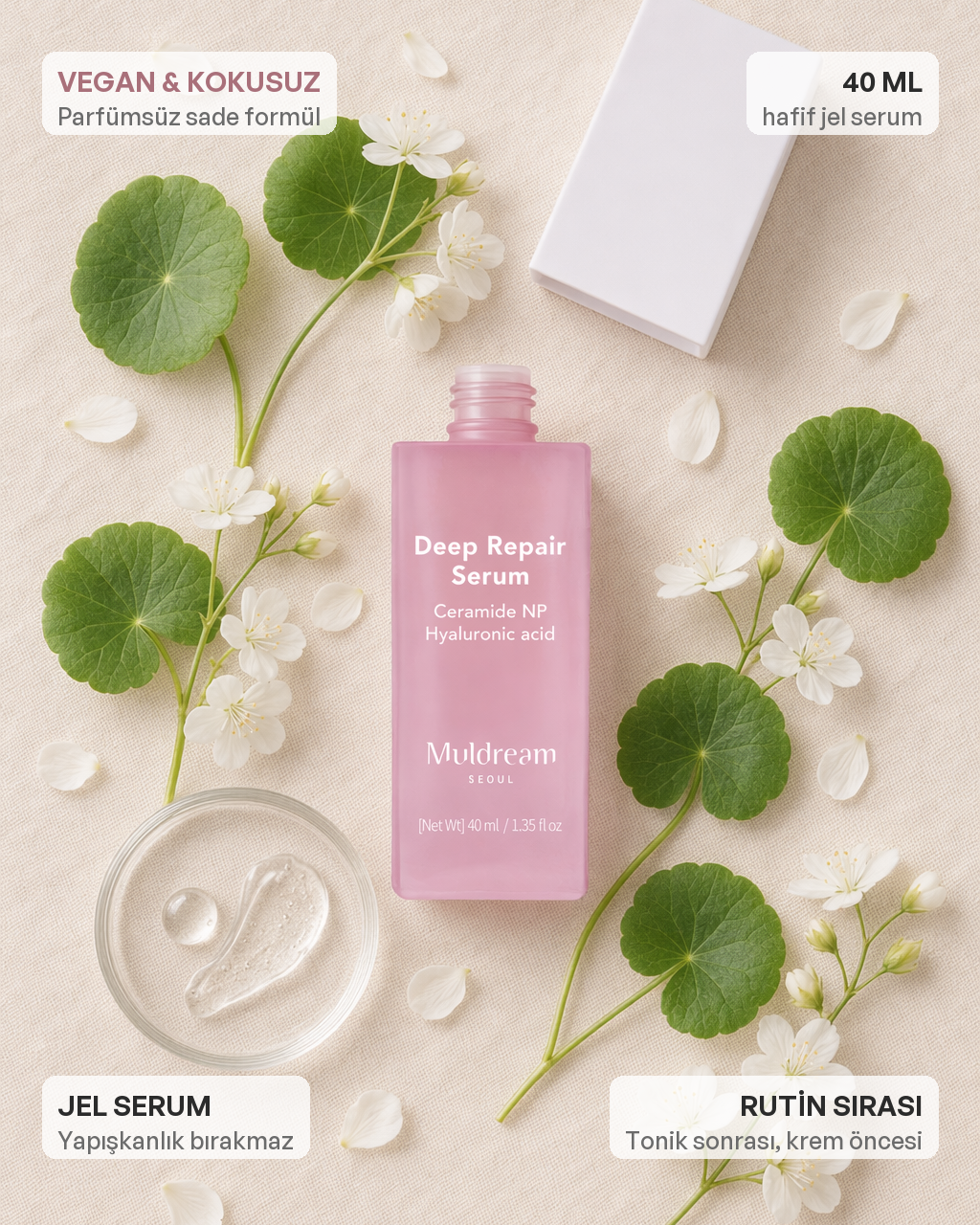 Banyo rafında duran Deep Repair Serum, günlük bariyer rutini sahnesi