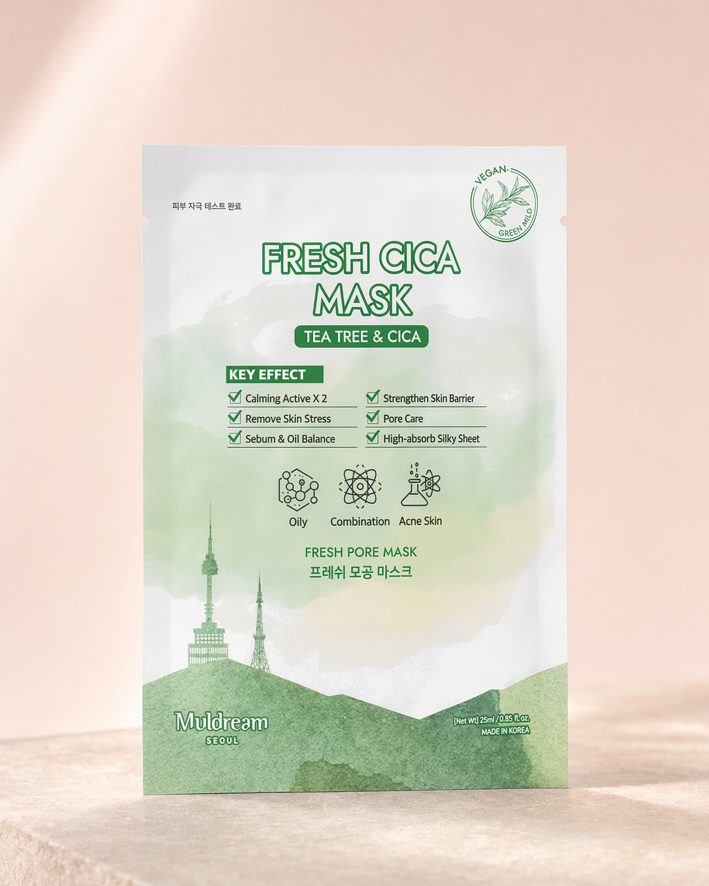 Fresh Cica Mask saşesi yeşil tonlu sade fonda ürün çekimi