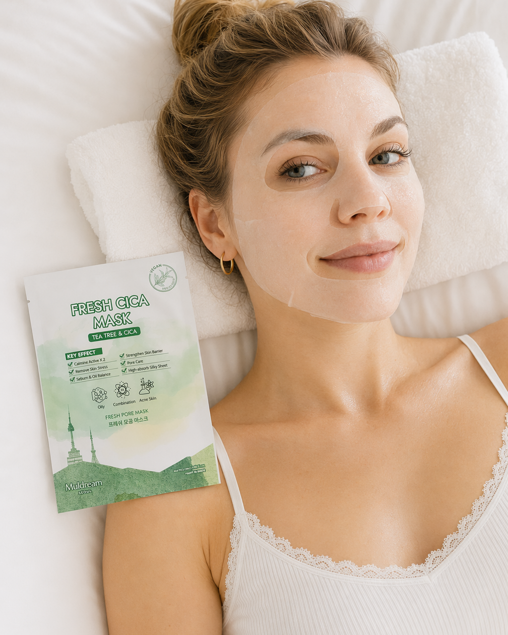 Fresh Cica Mask saşeleri düz zeminde bakım aksesuarlarıyla üstten çekim