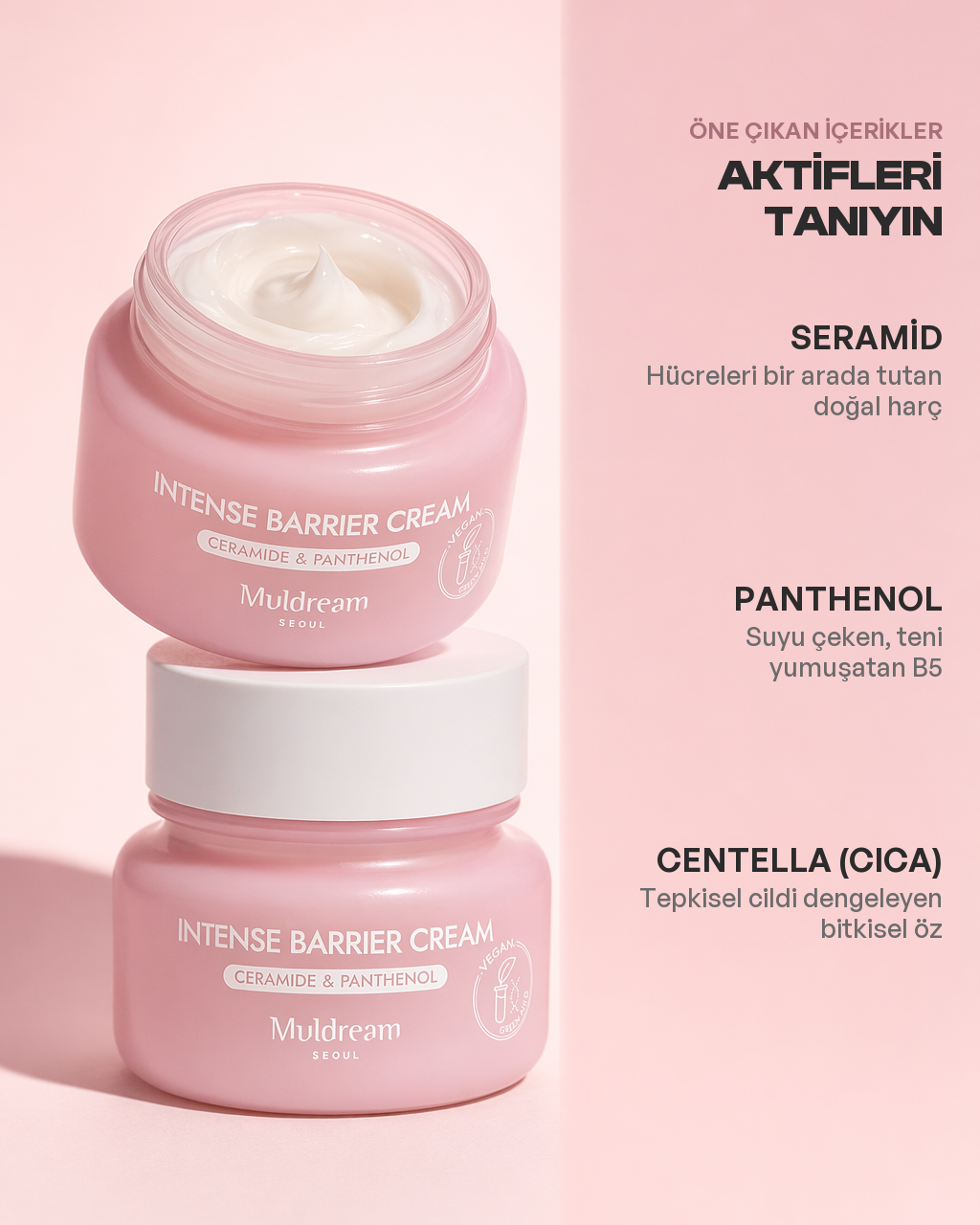 Intense Barrier Cream içerik kartı: seramid, panthenol ve centella