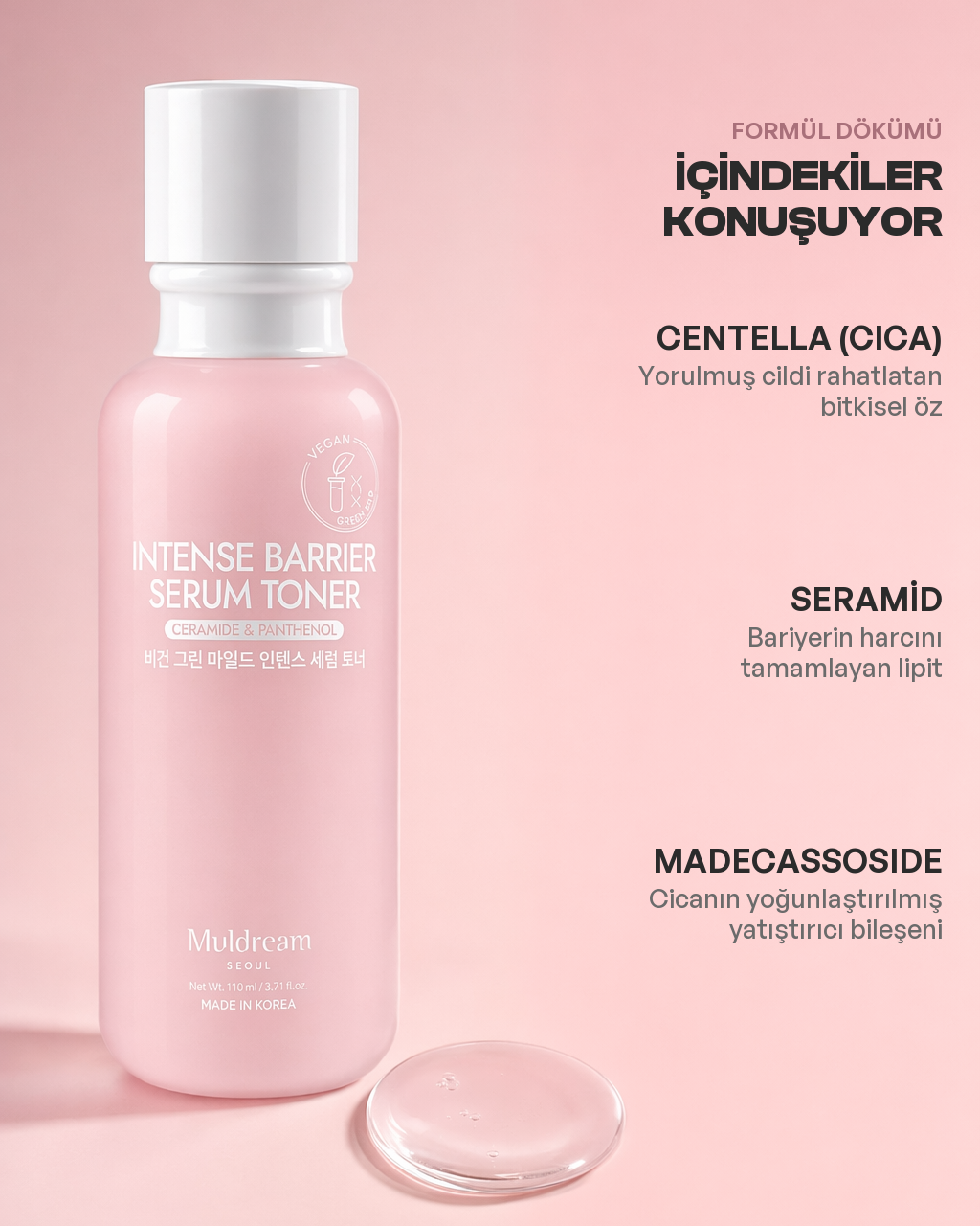 Intense Barrier Serum Toner içerik kartı: centella, seramid ve madecassoside