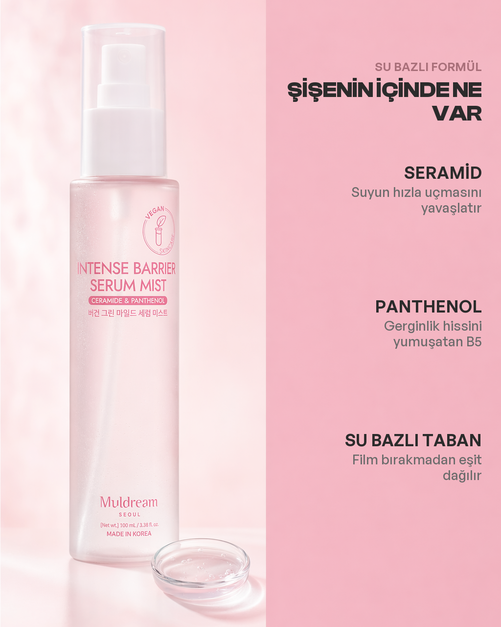 Serum Mist içerik kartı: seramid, panthenol ve su bazlı taban